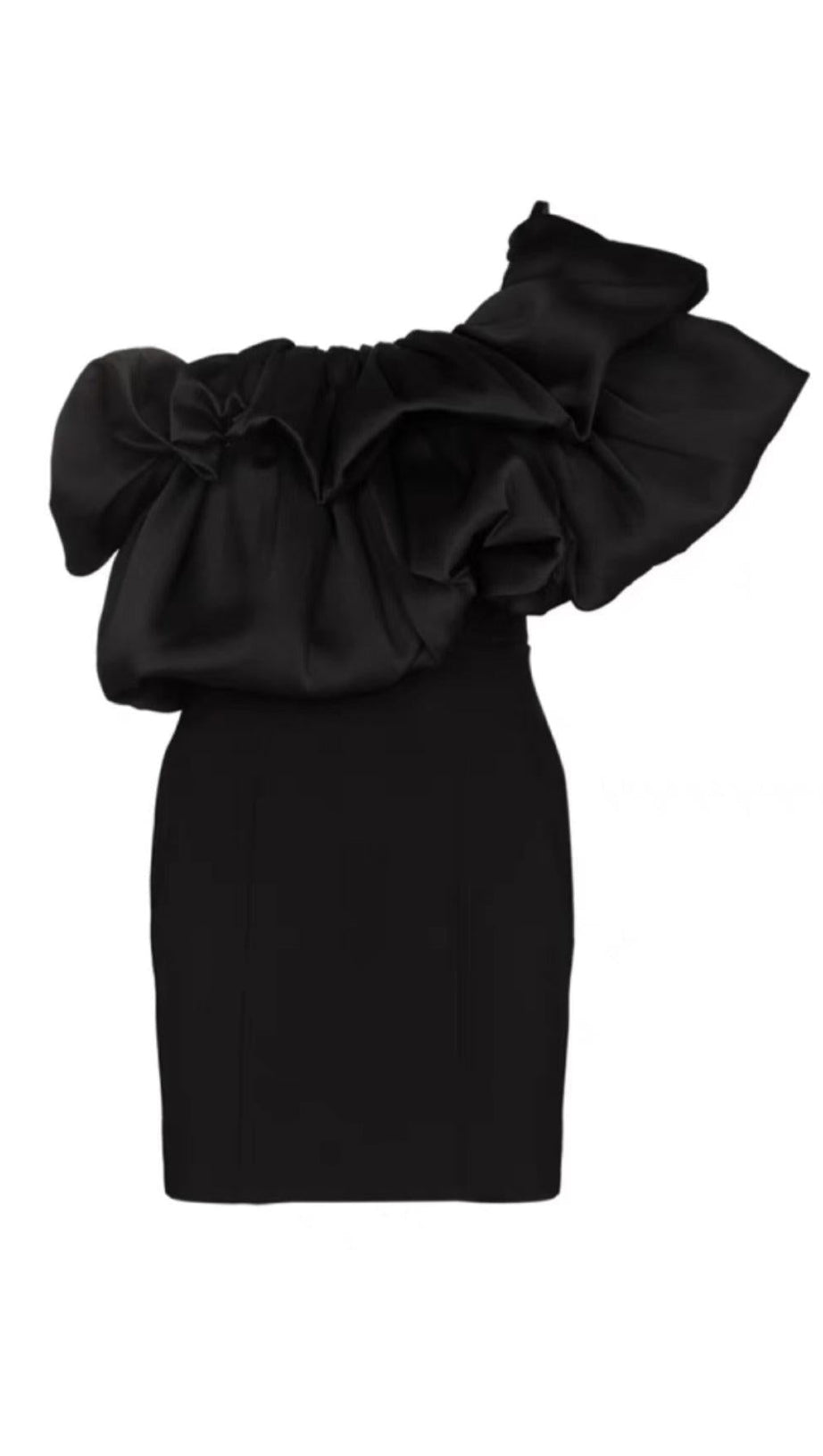 CROSS-SHOULDER PLEATED DRESS IN BLACK