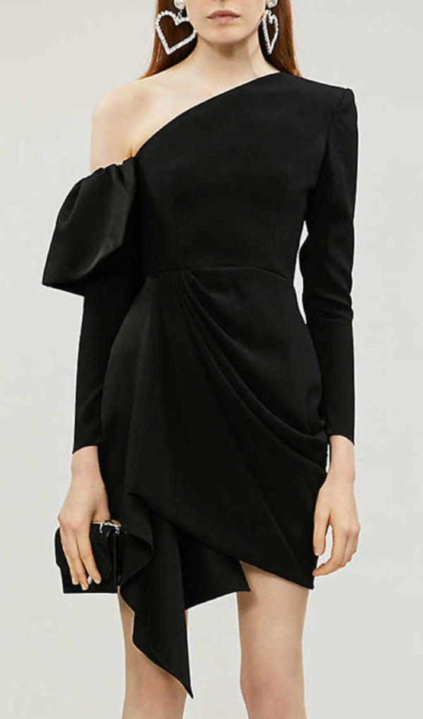 CROSS-SHOULDER MINI DRESS IN BLACK