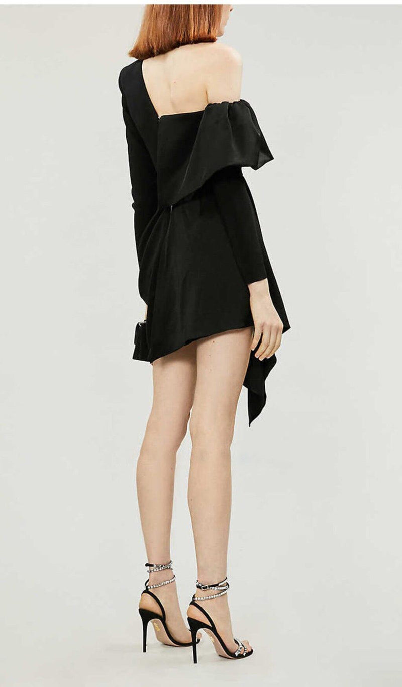 CROSS-SHOULDER MINI DRESS IN BLACK