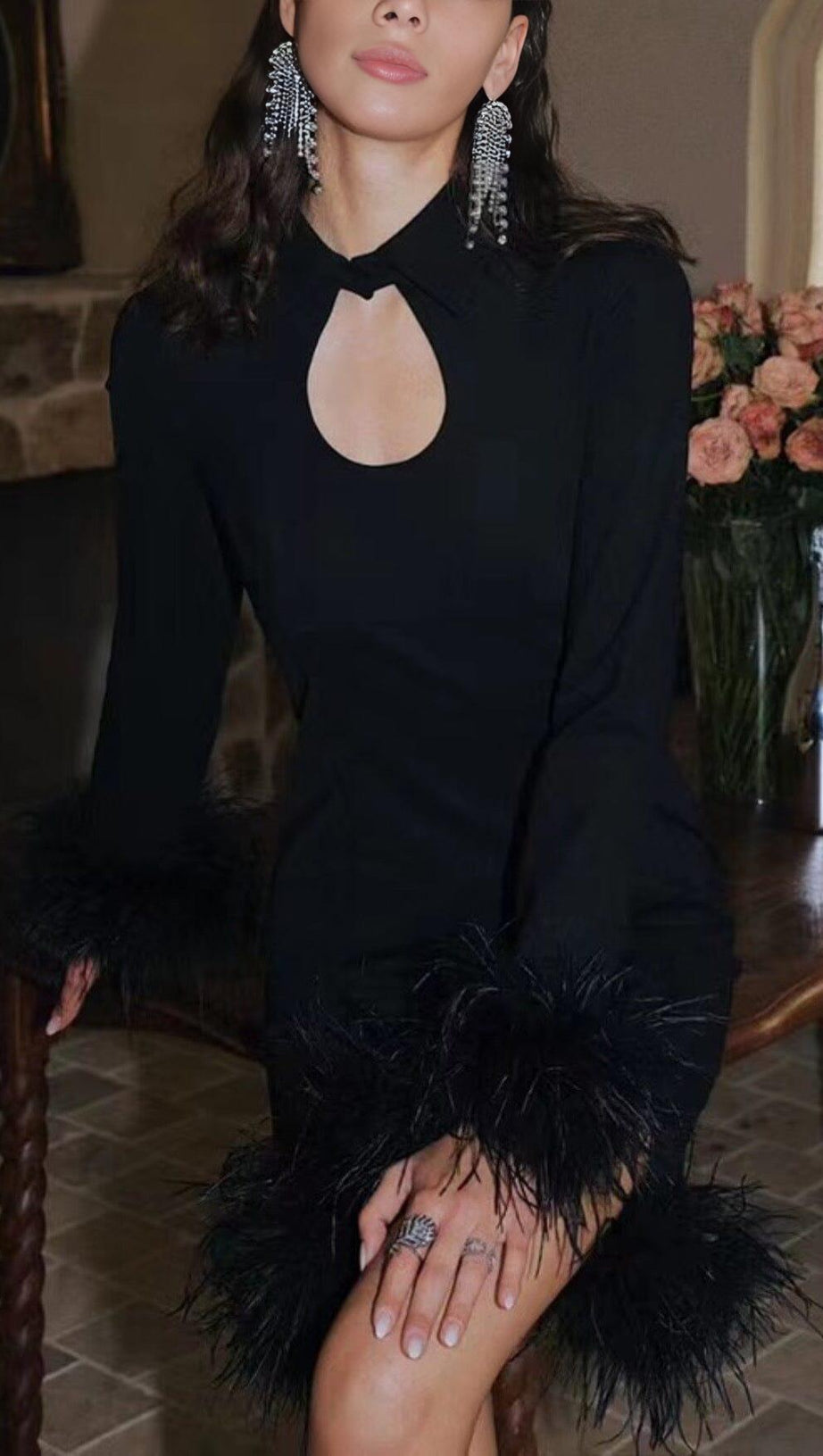 FEATHER STITCHED DRESS IN BLACK