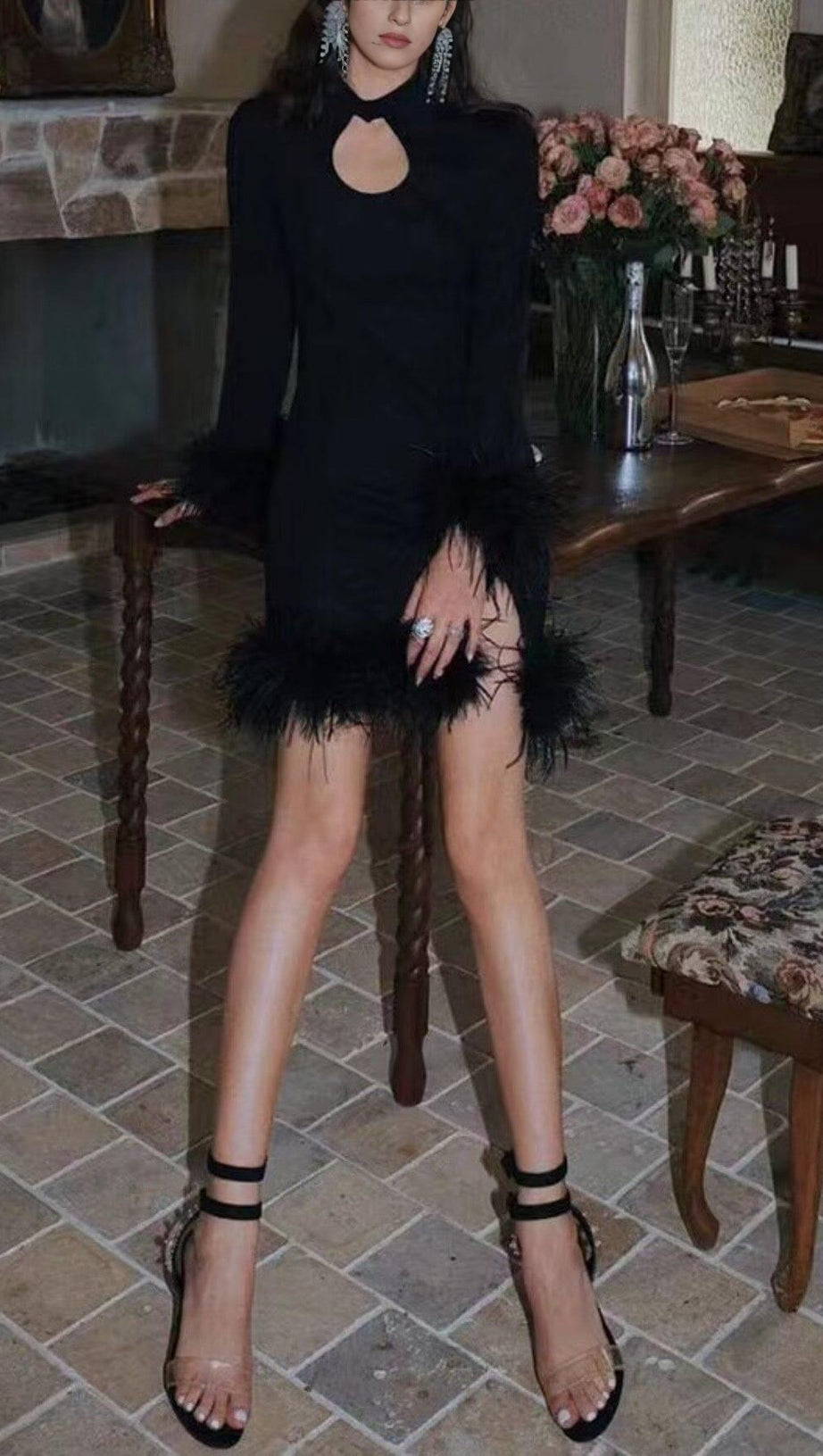 FEATHER STITCHED DRESS IN BLACK