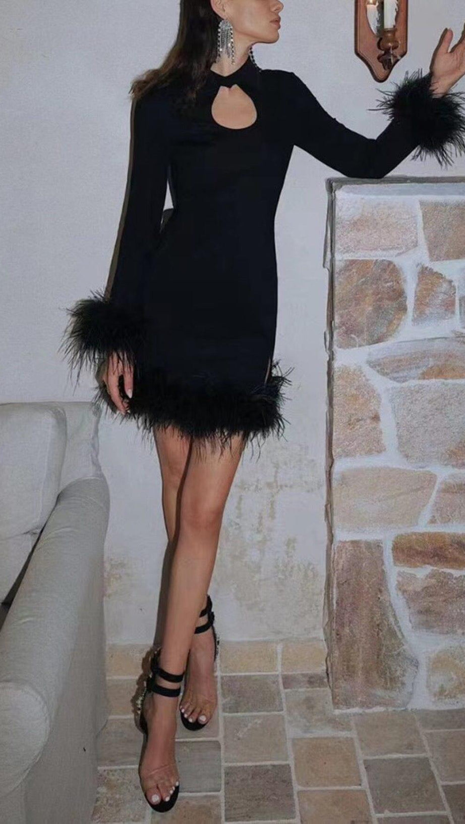 FEATHER STITCHED DRESS IN BLACK