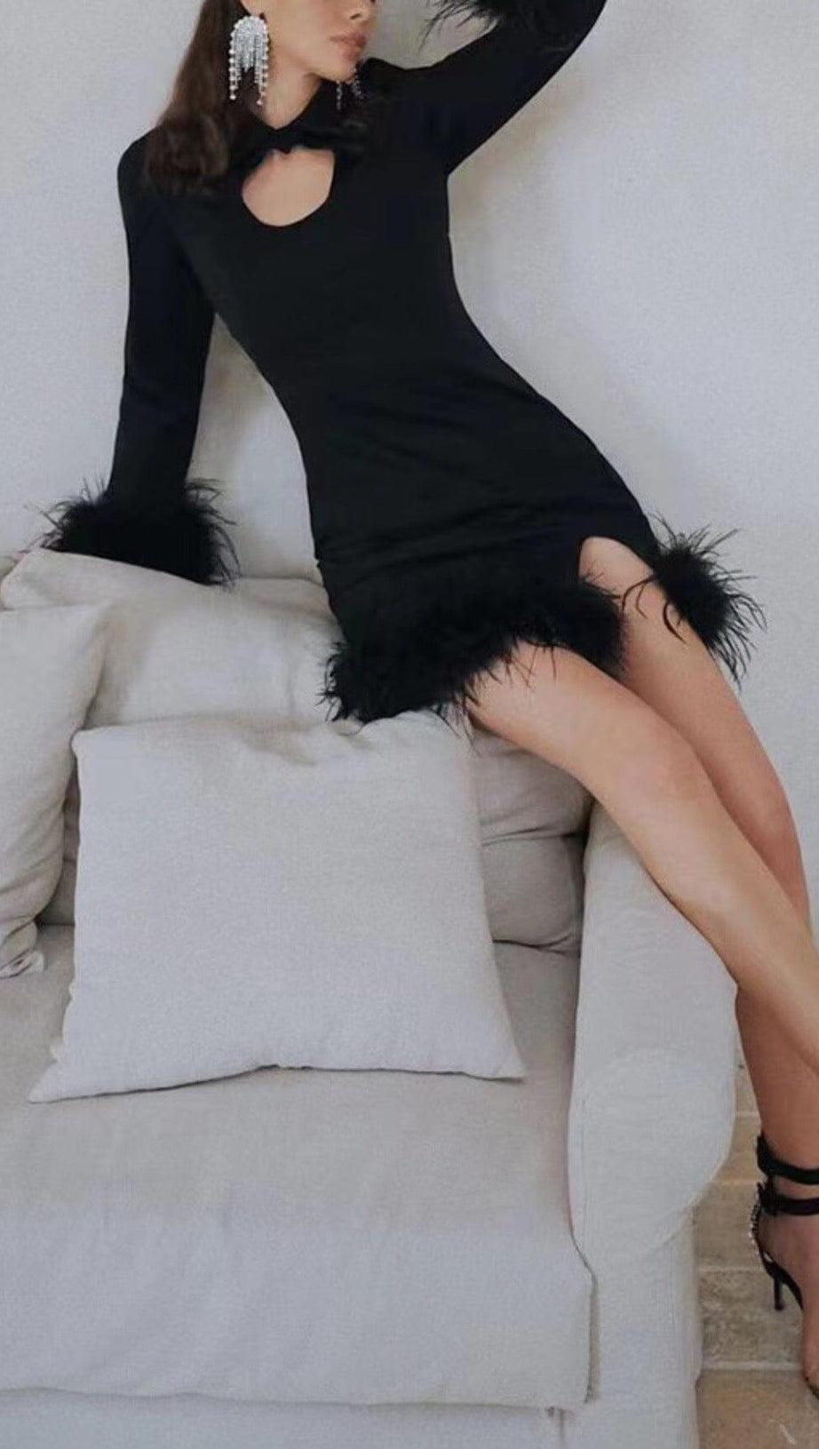 FEATHER STITCHED DRESS IN BLACK