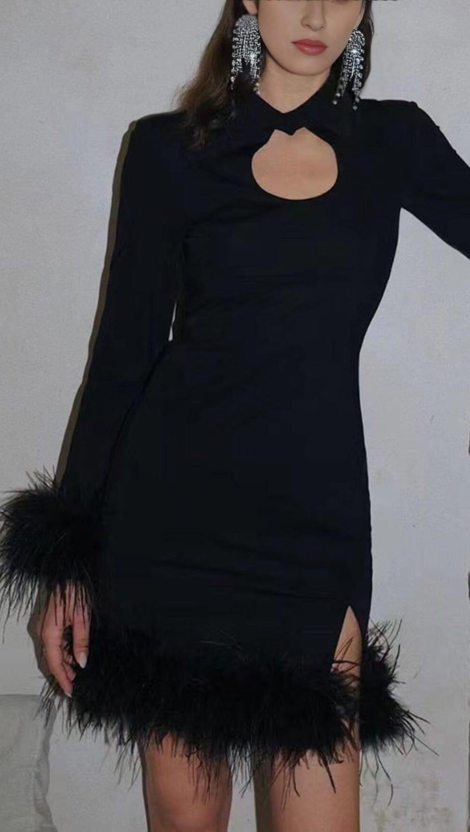 FEATHER STITCHED DRESS IN BLACK