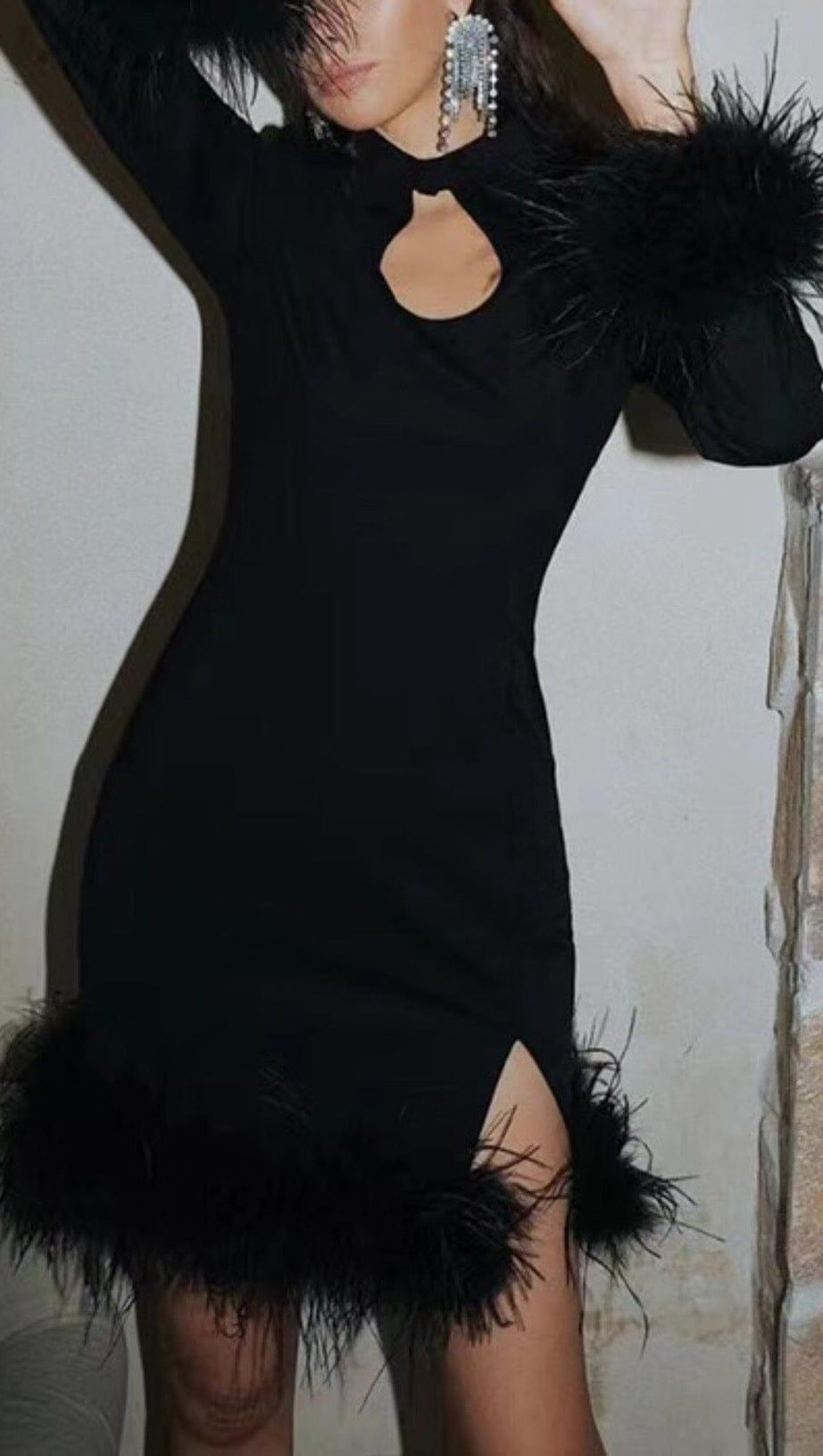 FEATHER STITCHED DRESS IN BLACK