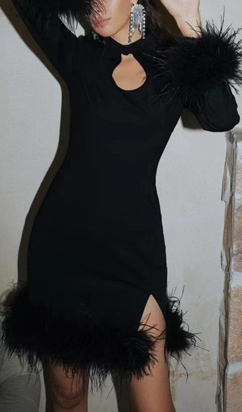 FEATHER STITCHED DRESS IN BLACK