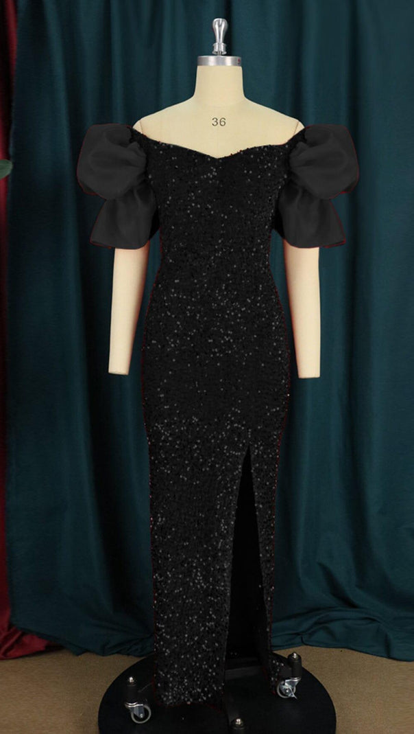 AIIZIE SEQUIN PUFF SLEEVE ONE NECK WAIST MAXI DRESS IN BLACK - product image