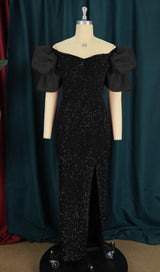 SEQUIN PUFF SLEEVE ONE NECK WAIST MAXI DRESS IN BLACK