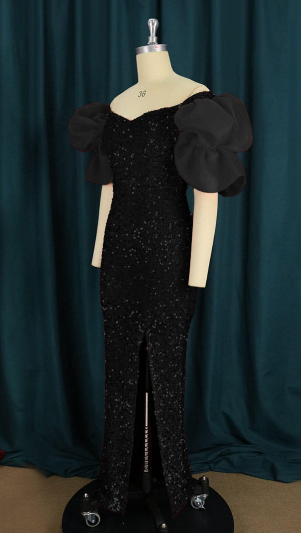 AIIZIE SEQUIN PUFF SLEEVE ONE NECK WAIST MAXI DRESS IN BLACK - product image