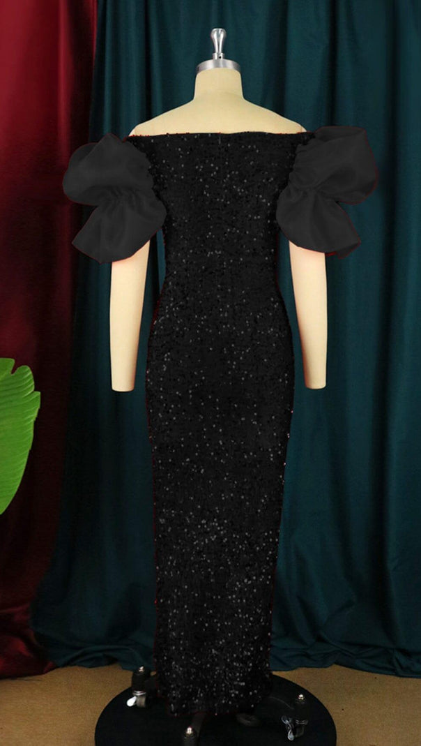 AIIZIE SEQUIN PUFF SLEEVE ONE NECK WAIST MAXI DRESS IN BLACK - product image