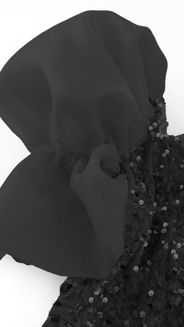 AIIZIE SEQUIN PUFF SLEEVE ONE NECK WAIST MAXI DRESS IN BLACK - product image