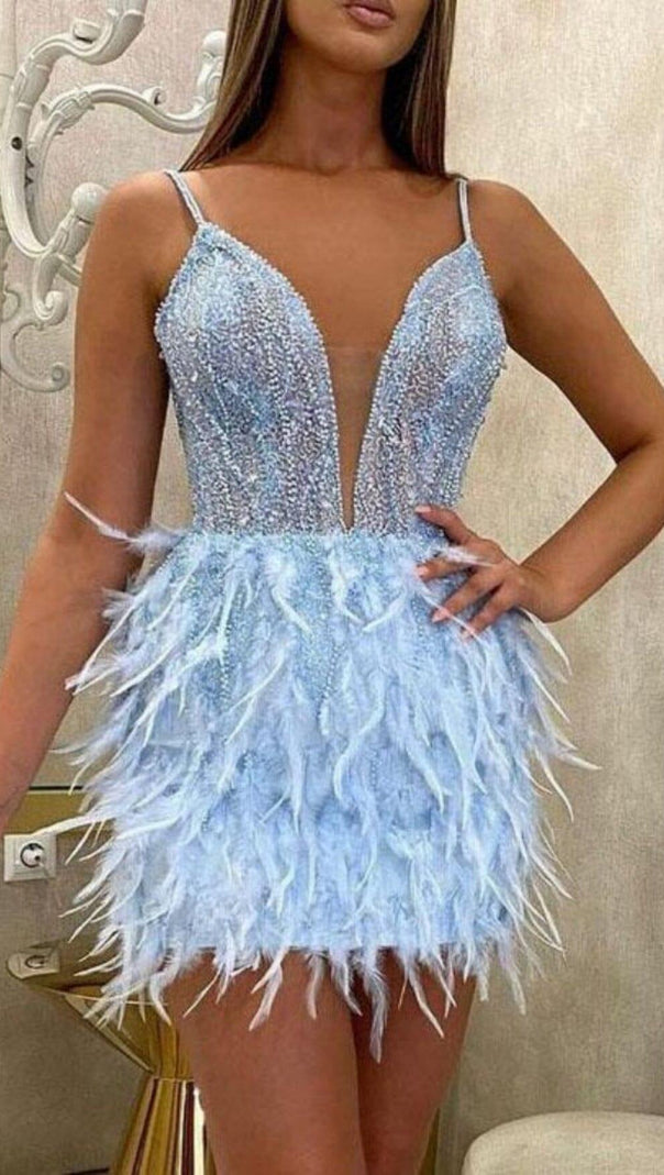 AIIZIE FEATHER WRAP HALTER SWEETHEART MINI DRESS IN BLUE - product image