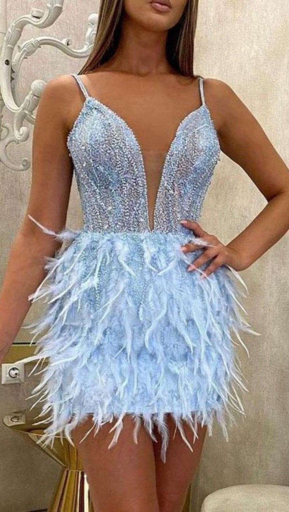 FEATHER WRAP HALTER SWEETHEART MINI DRESS IN BLUE