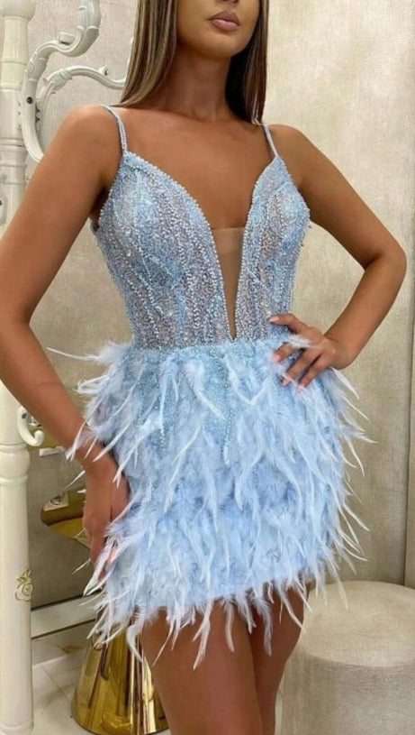 FEATHER WRAP HALTER SWEETHEART MINI DRESS IN BLUE