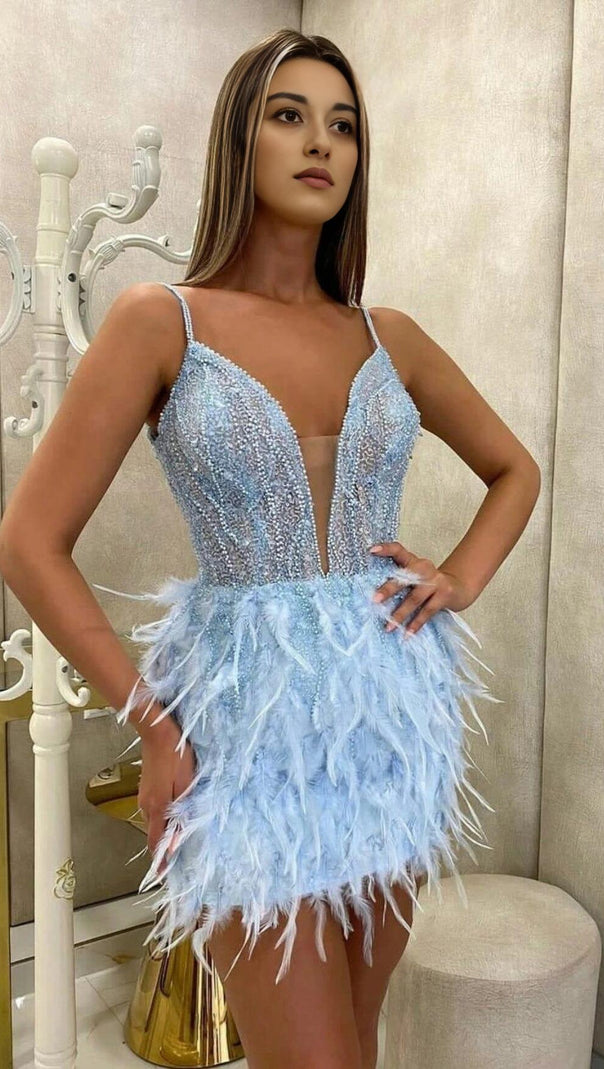 AIIZIE FEATHER WRAP HALTER SWEETHEART MINI DRESS IN BLUE - product image