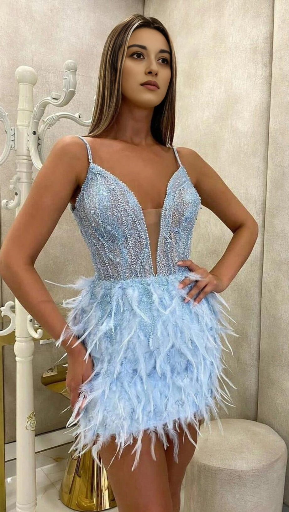 FEATHER WRAP HALTER SWEETHEART MINI DRESS IN BLUE