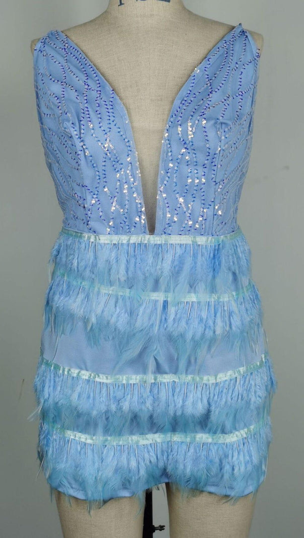 AIIZIE FEATHER WRAP HALTER SWEETHEART MINI DRESS IN BLUE - product image