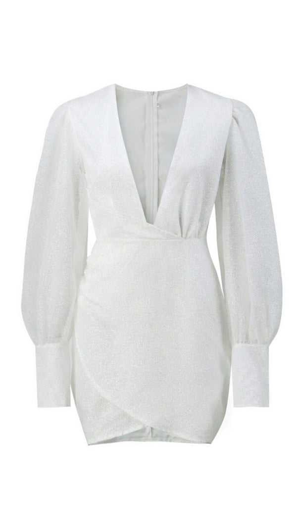 AIIZIE SEQUIN LANTERN SLEEVES DEEP V-NECK WRAP HIP SEXY MINI DRESS IN WHITE - product image