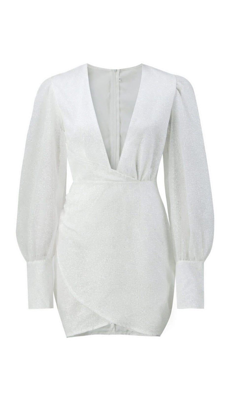 SEQUIN LANTERN SLEEVES DEEP V-NECK WRAP HIP SEXY MINI DRESS IN WHITE