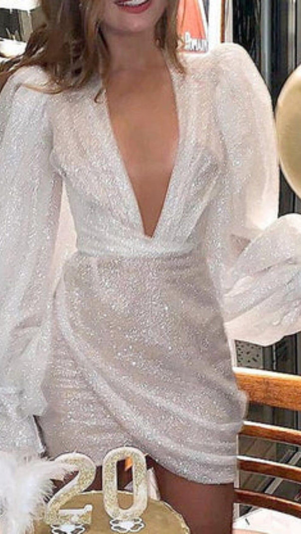 AIIZIE SEQUIN LANTERN SLEEVES DEEP V-NECK WRAP HIP SEXY MINI DRESS IN WHITE - product image