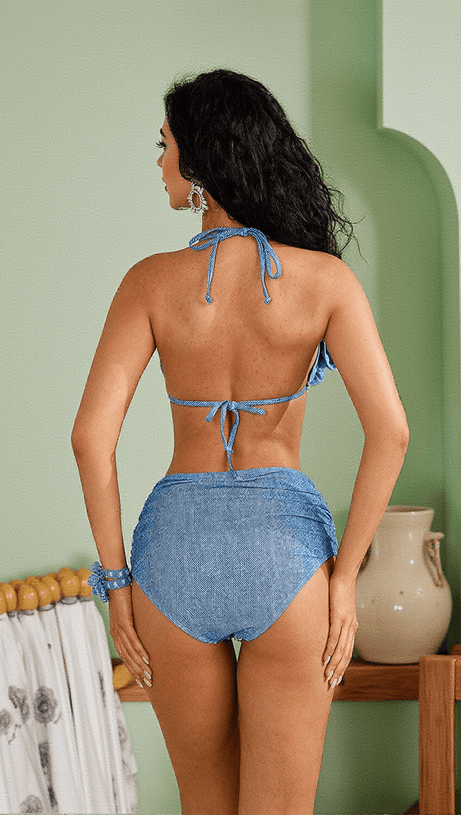 JALISE FLOWER DENIM BIKINI THREE PIECE SET