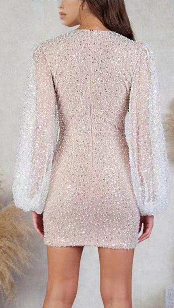 AIIZIE SEQUIN LANTERN SLEEVES DEEP V-NECK WRAP HIP SEXY MINI DRESS IN WHITE - product image