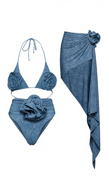 JALISE FLOWER DENIM BIKINI THREE PIECE SET