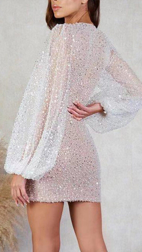 AIIZIE SEQUIN LANTERN SLEEVES DEEP V-NECK WRAP HIP SEXY MINI DRESS IN WHITE - product image