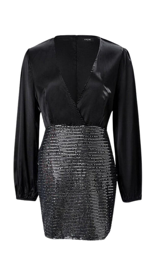 AIIZIE MIXED SEQUIN PATCHWORK BACKLESS BACKPACK HIP MINI DRESS IN BLACK - product image