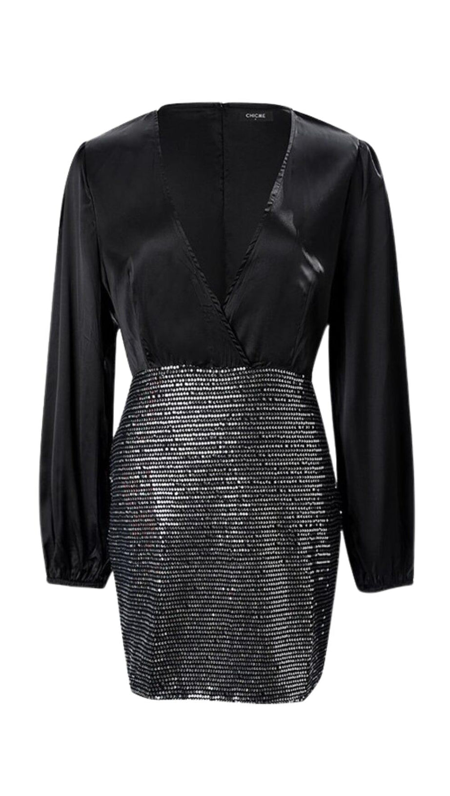 MIXED SEQUIN PATCHWORK BACKLESS BACKPACK HIP MINI DRESS IN BLACK