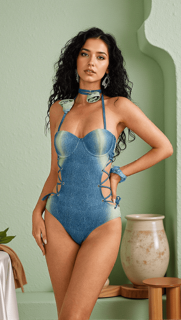 AIIZIE ELIJAH FLOWER DENIM ONE PIECE SWIMSUIT - product image
