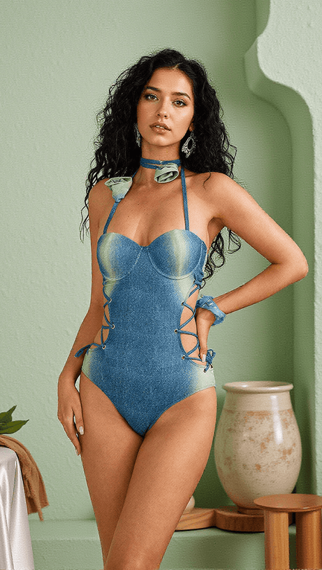 COSTUME DA BAGNO INTERO IN DENIM CON FIORI DI ELIJAH