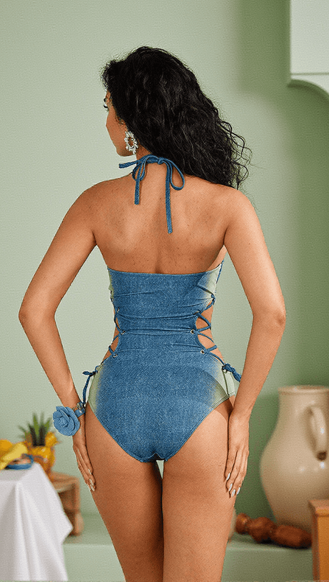 COSTUME DA BAGNO INTERO IN DENIM CON FIORI DI ELIJAH
