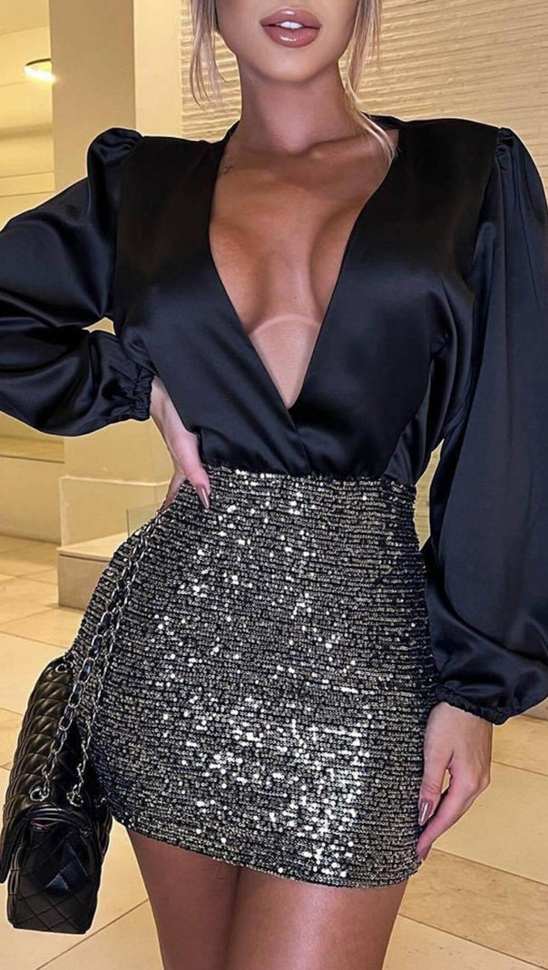 AIIZIE MIXED SEQUIN PATCHWORK BACKLESS BACKPACK HIP MINI DRESS IN BLACK - product image