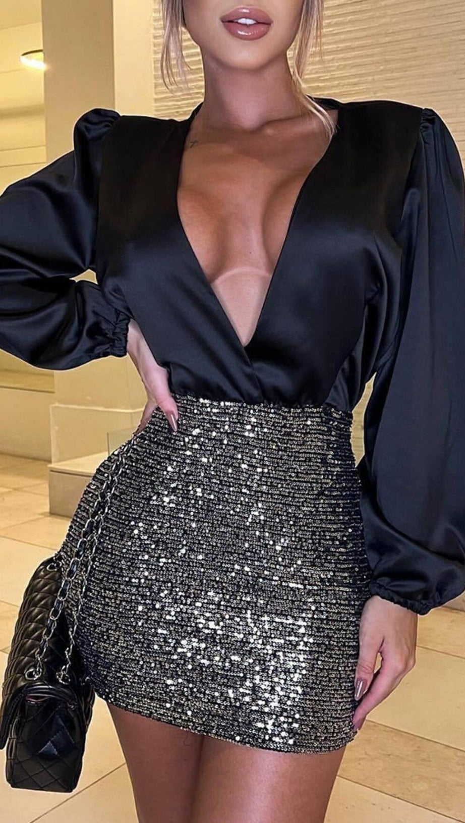 MIXED SEQUIN PATCHWORK BACKLESS BACKPACK HIP MINI DRESS IN BLACK