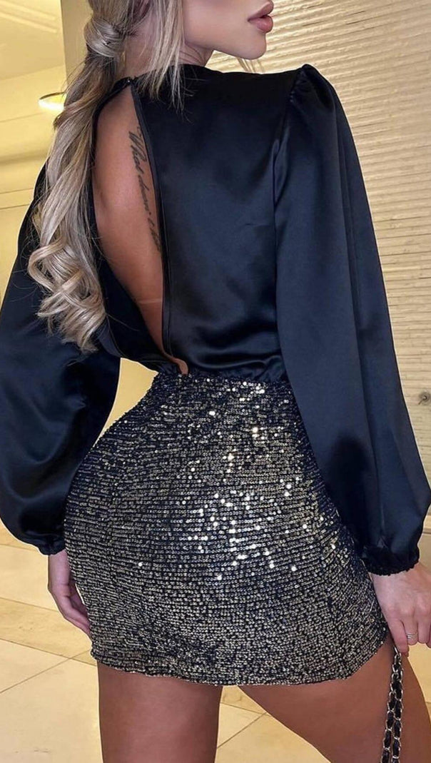 AIIZIE MIXED SEQUIN PATCHWORK BACKLESS BACKPACK HIP MINI DRESS IN BLACK - product image