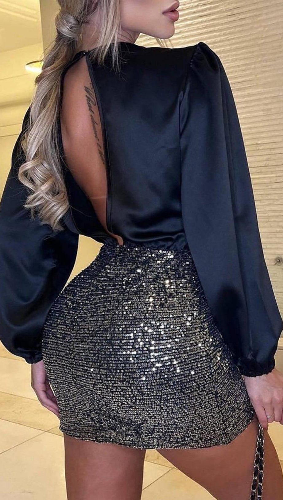 MIXED SEQUIN PATCHWORK BACKLESS BACKPACK HIP MINI DRESS IN BLACK