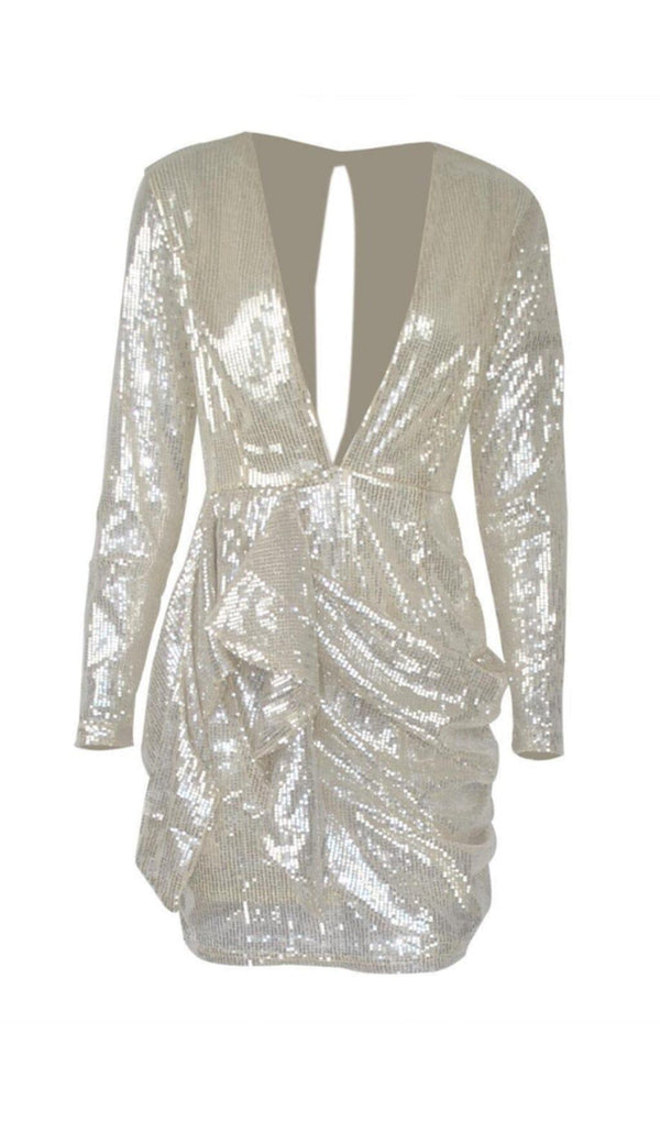 SEQUIN DEEP V-NECK PLEATED BOTTOM MINI DRESS IN SILVER