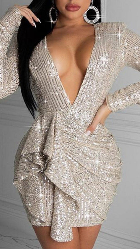 SEQUIN DEEP V-NECK PLEATED BOTTOM MINI DRESS IN SILVER