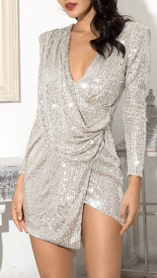 AIIZIE SEQUIN IRREGULAR PLEATED FASHION MINI DRESS IN SILVER - product image