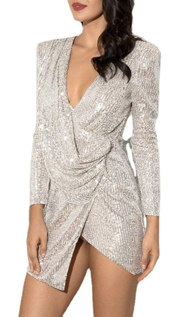AIIZIE SEQUIN IRREGULAR PLEATED FASHION MINI DRESS IN SILVER - product image