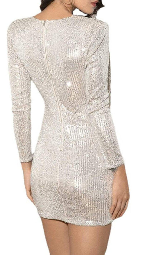 SEQUIN IRREGULAR PLEATED FASHION MINI DRESS IN SILVER
