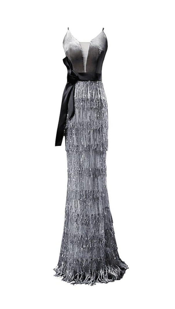 AIIZIE VELVET TASSEL SEXY TIE-DOWN MAXI DRESS IN GREY - product image