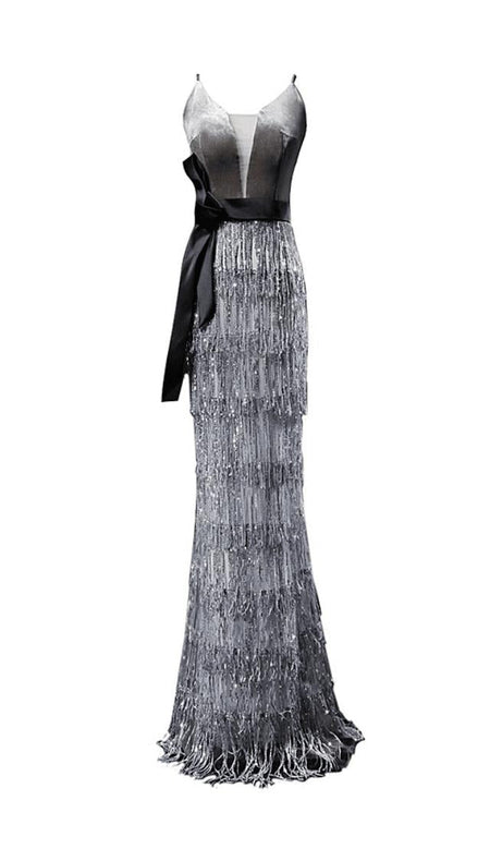 SEXY MAXIKLEID MIT SAMTQUASTEN UND BINDEMUSTER IN GRAU