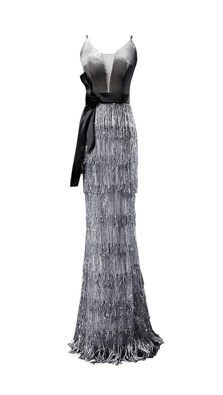 VELVET TASSEL SEXY TIE-DOWN MAXI DRESS IN GREY