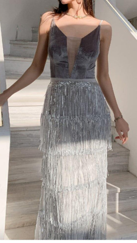 VELVET TASSEL SEXY TIE-DOWN MAXI DRESS IN GREY