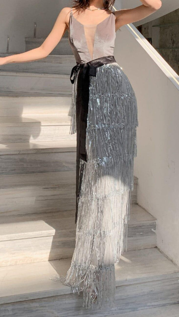 AIIZIE VELVET TASSEL SEXY TIE-DOWN MAXI DRESS IN GREY - product image