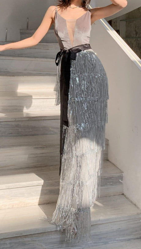 VELVET TASSEL SEXY TIE-DOWN MAXI DRESS IN GREY