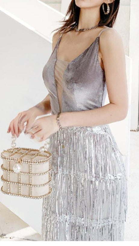 VELVET TASSEL SEXY TIE-DOWN MAXI DRESS IN GREY