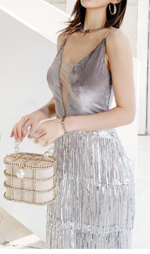 AIIZIE VELVET TASSEL SEXY TIE-DOWN MAXI DRESS IN GREY - product image
